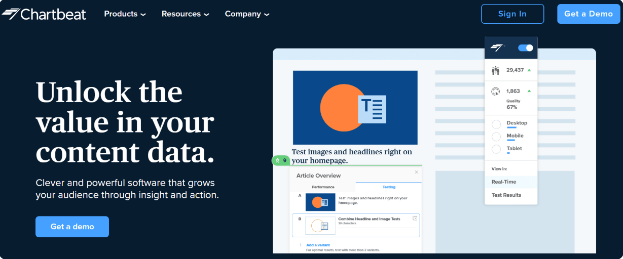 Home page of the Chartbeat – A Content Marketing Web Analytics Tool